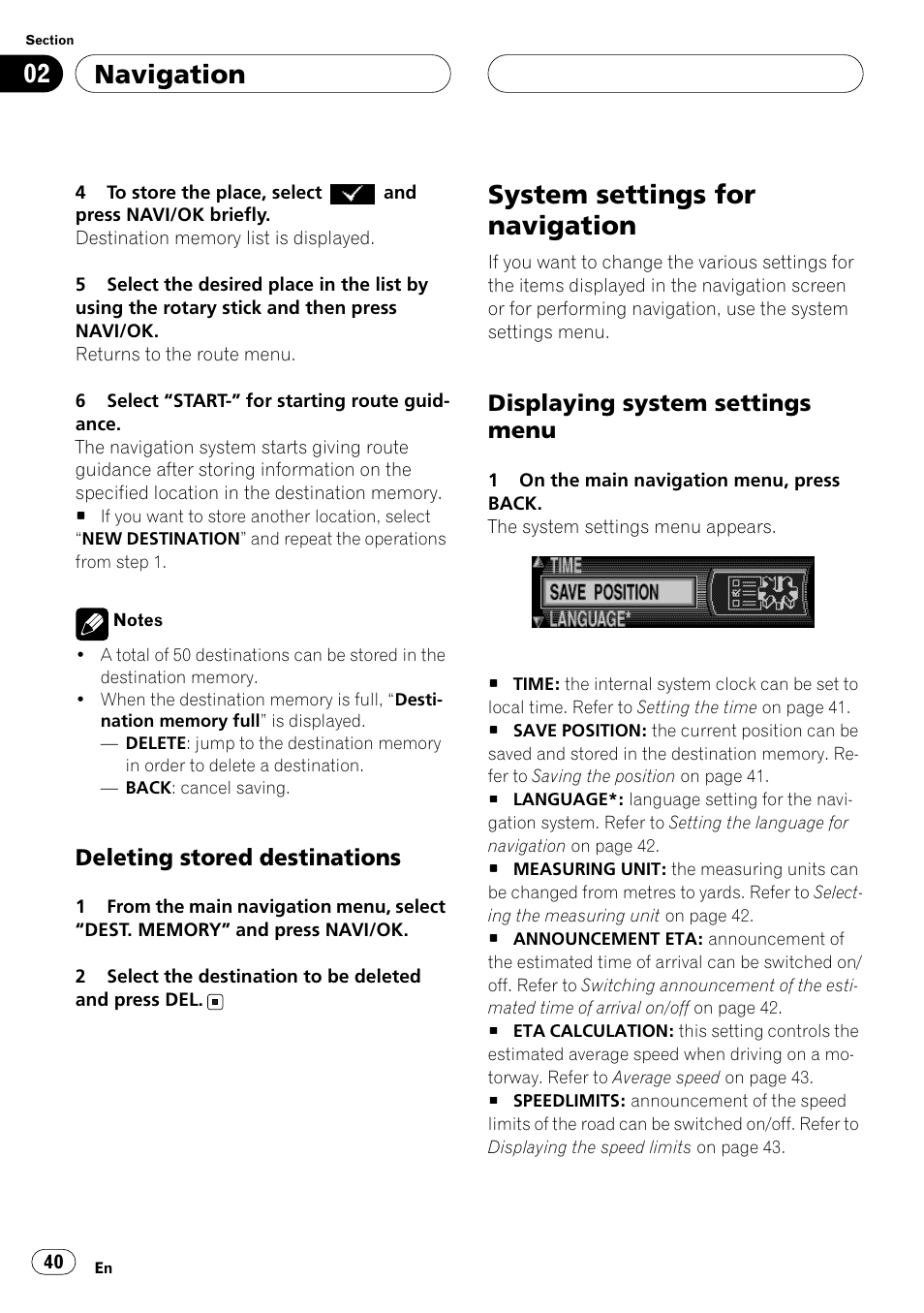 Deleting stored destinations, System settings for navigation, Displaying system settings menu | Navigation | Pioneer ANH-P10MP User Manual | Page 40 / 109