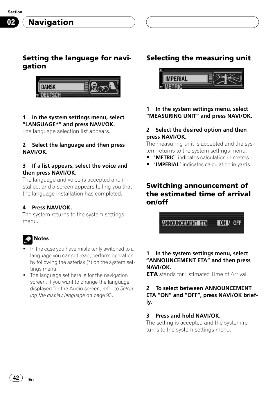 Setting the language for navigation, Selecting the measuring unit, Switching announcement of the | Estimated time of arrival on/off, Refer to, Setting the language for navigation on, Setting the language for, Be changed from metres to yards. refer to, Select, Switching announcement of the esti | Pioneer ANH-P10MP User Manual | Page 42 / 109