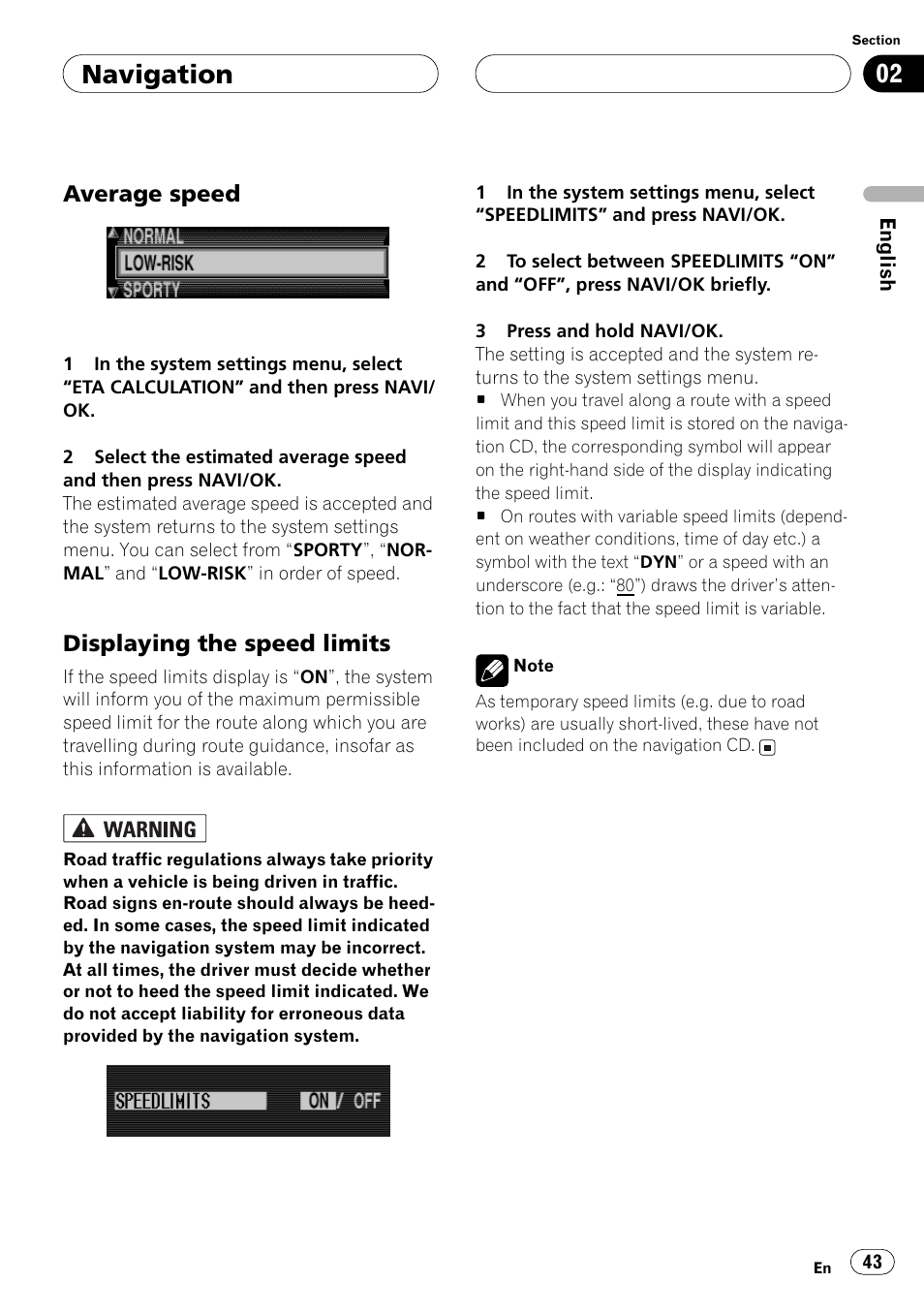 Average speed, Displaying the speed limits, Played. refer to | Displaying the speed limits on, Navigation | Pioneer ANH-P10MP User Manual | Page 43 / 109