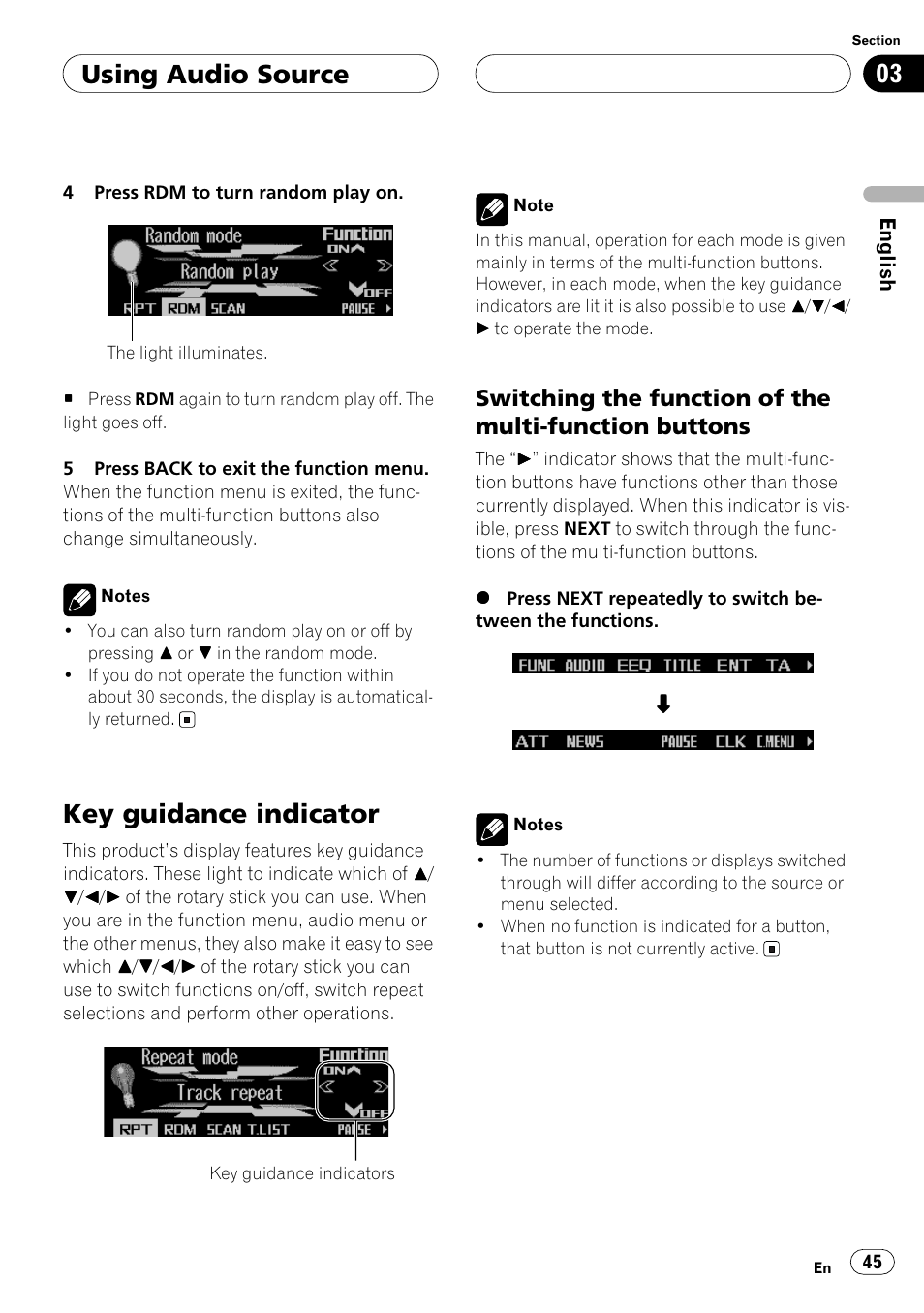 Key guidance indicator, Switching the function of the multi, Function buttons | Using audio source | Pioneer ANH-P10MP User Manual | Page 45 / 109