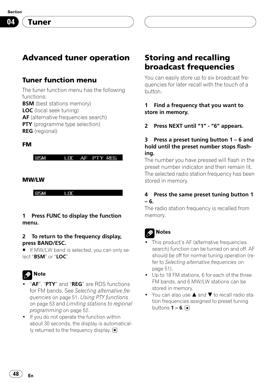 Advanced tuner operation, Tuner function menu, Storing and recalling broadcast frequencies | Tuner | Pioneer ANH-P10MP User Manual | Page 48 / 109