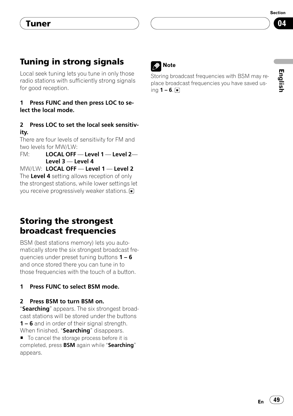 Tuning in strong signals, Storing the strongest broadcast frequencies, Tuner | Pioneer ANH-P10MP User Manual | Page 49 / 109