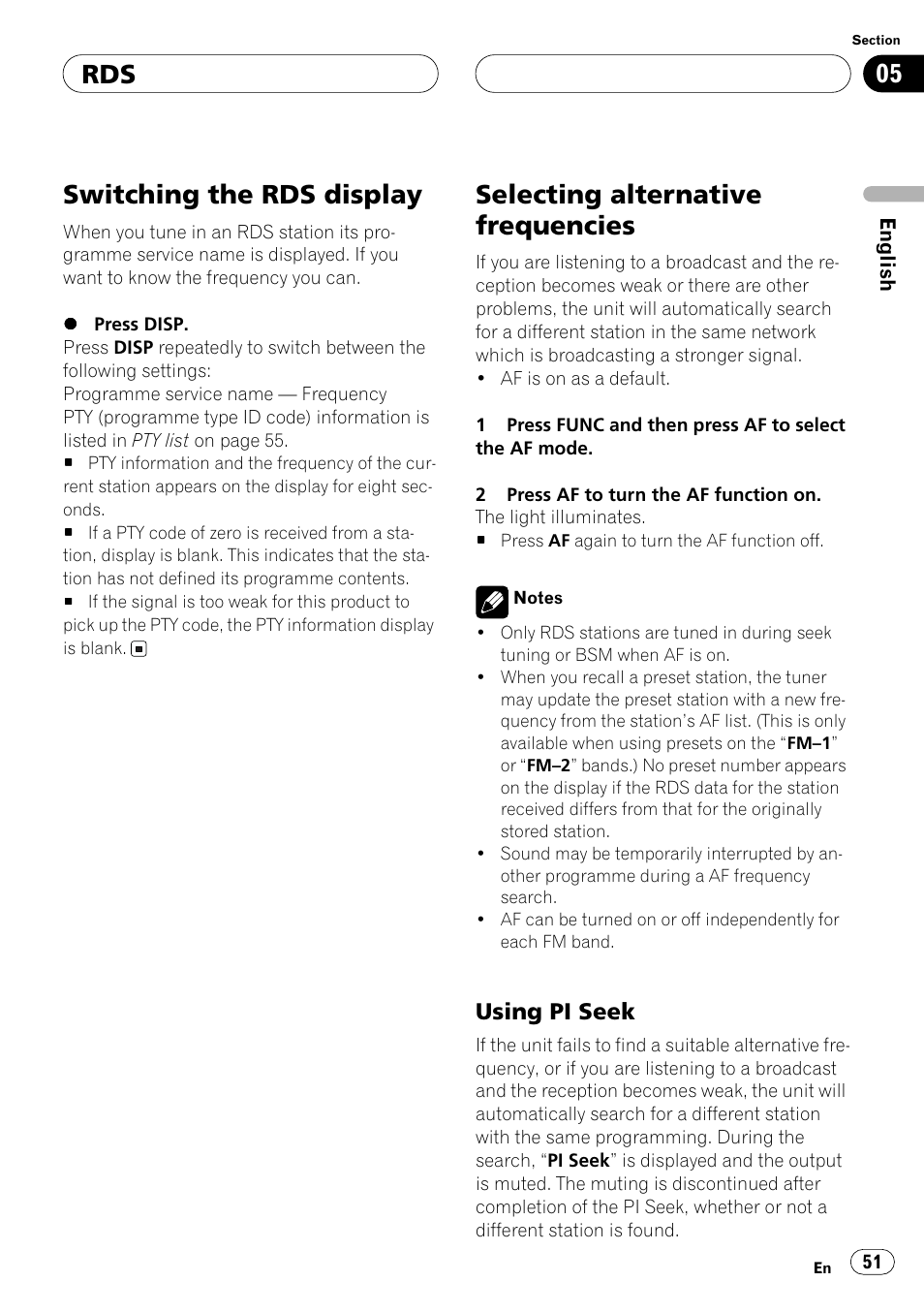 Switching the rds display, Selecting alternative frequencies, Using pi seek | Selecting alternative fre, Quencies, Selecting alternative frequencies on | Pioneer ANH-P10MP User Manual | Page 51 / 109