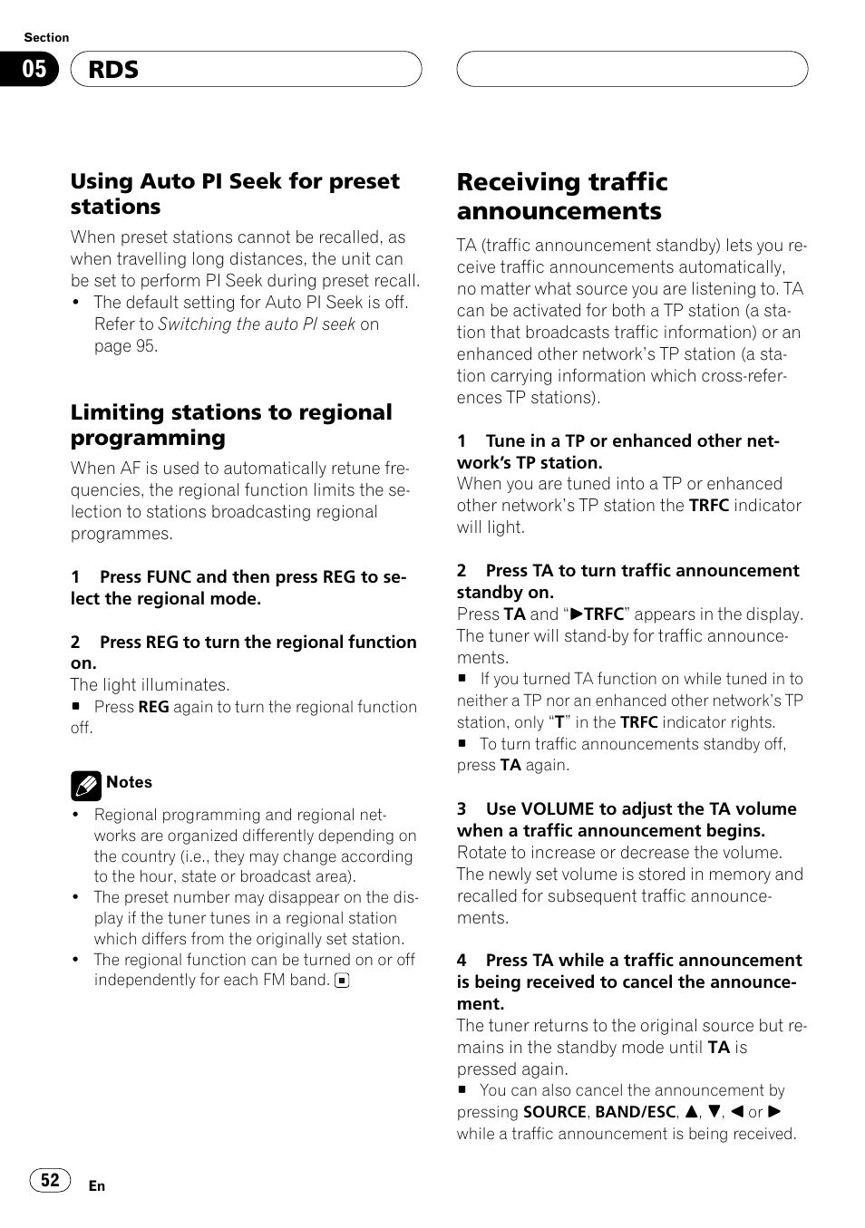 Using auto pi seek for preset stations, Limiting stations to regional, Programming | Receiving traffic announcements, Limiting stations to regional programming | Pioneer ANH-P10MP User Manual | Page 52 / 109