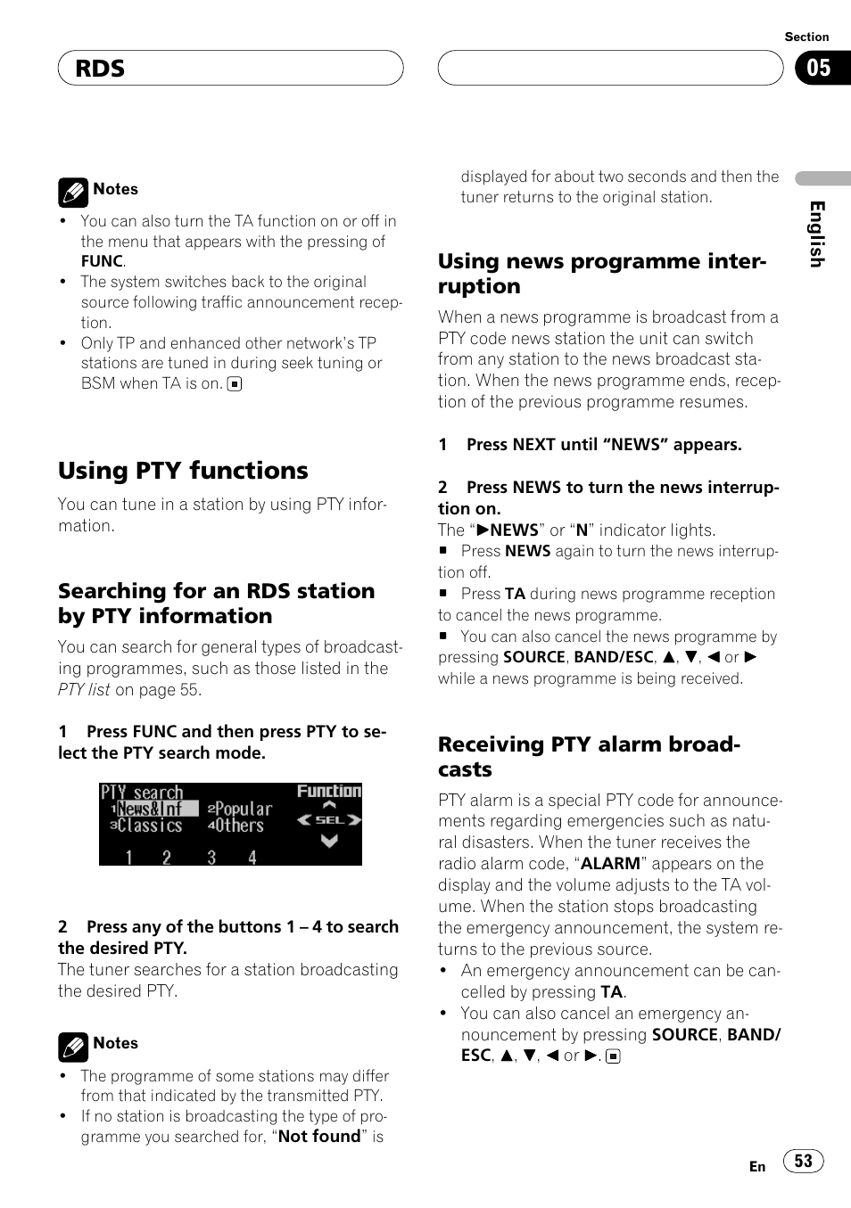 Using pty functions, Searching for an rds station by pty, Information | Using news programme interruption, Receiving pty alarm broadcasts, Searching for an rds station by pty information, Using news programme inter- ruption, Receiving pty alarm broad- casts | Pioneer ANH-P10MP User Manual | Page 53 / 109