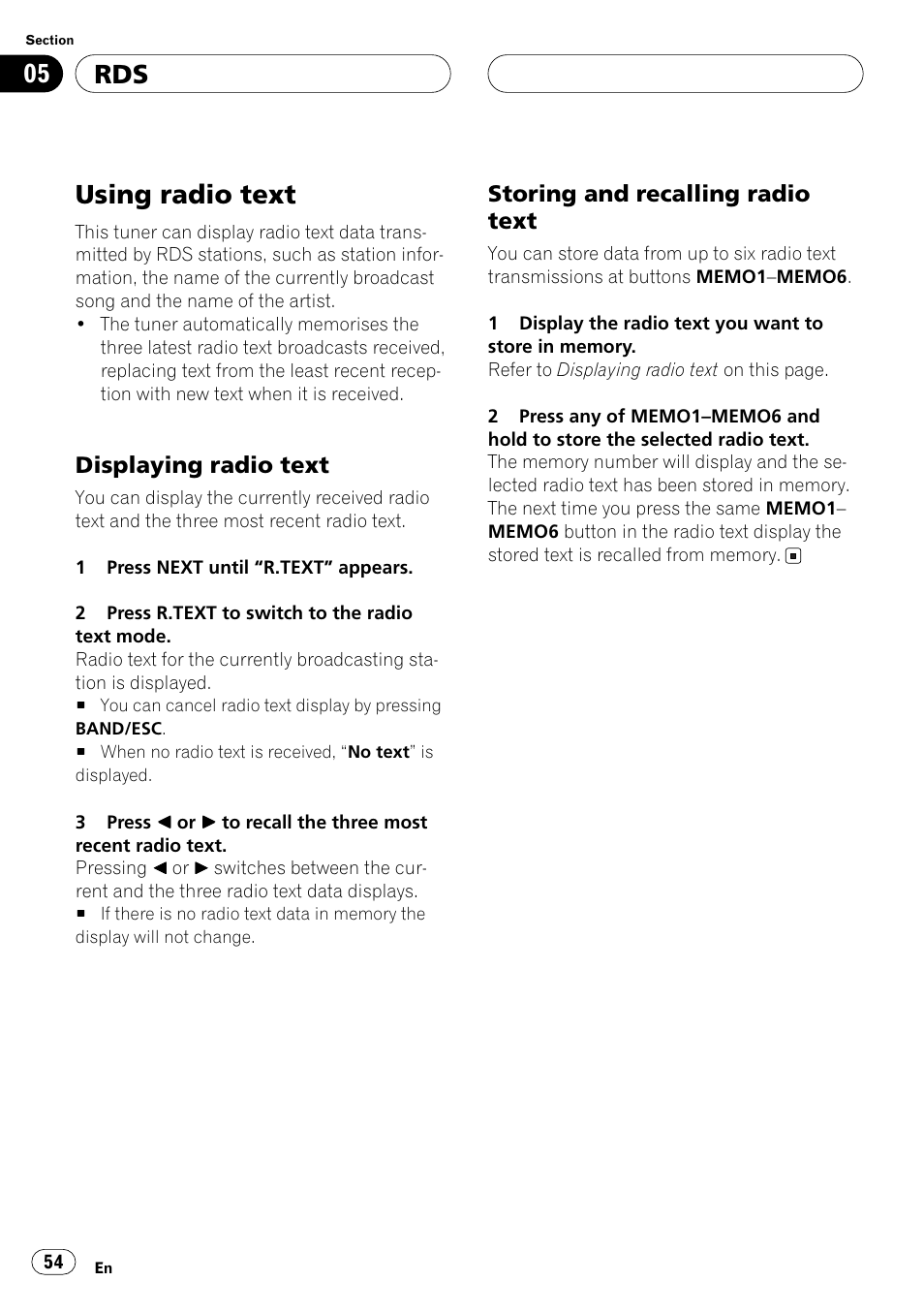 Using radio text, Displaying radio text, Storing and recalling radio text | Pioneer ANH-P10MP User Manual | Page 54 / 109