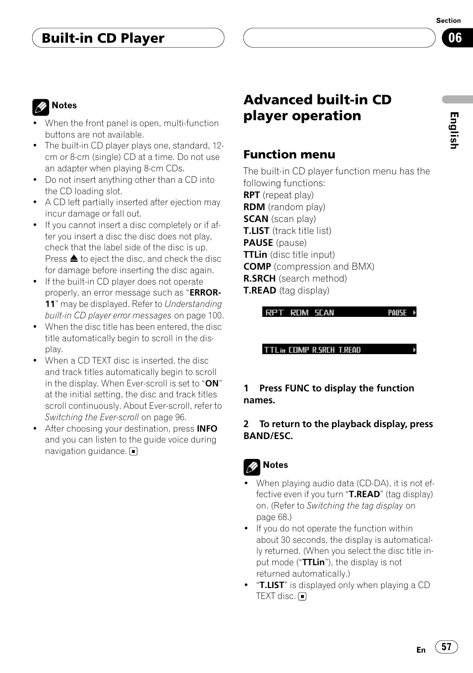 Advanced built-in cd player operation, Function menu, Built-in cd player | Pioneer ANH-P10MP User Manual | Page 57 / 109