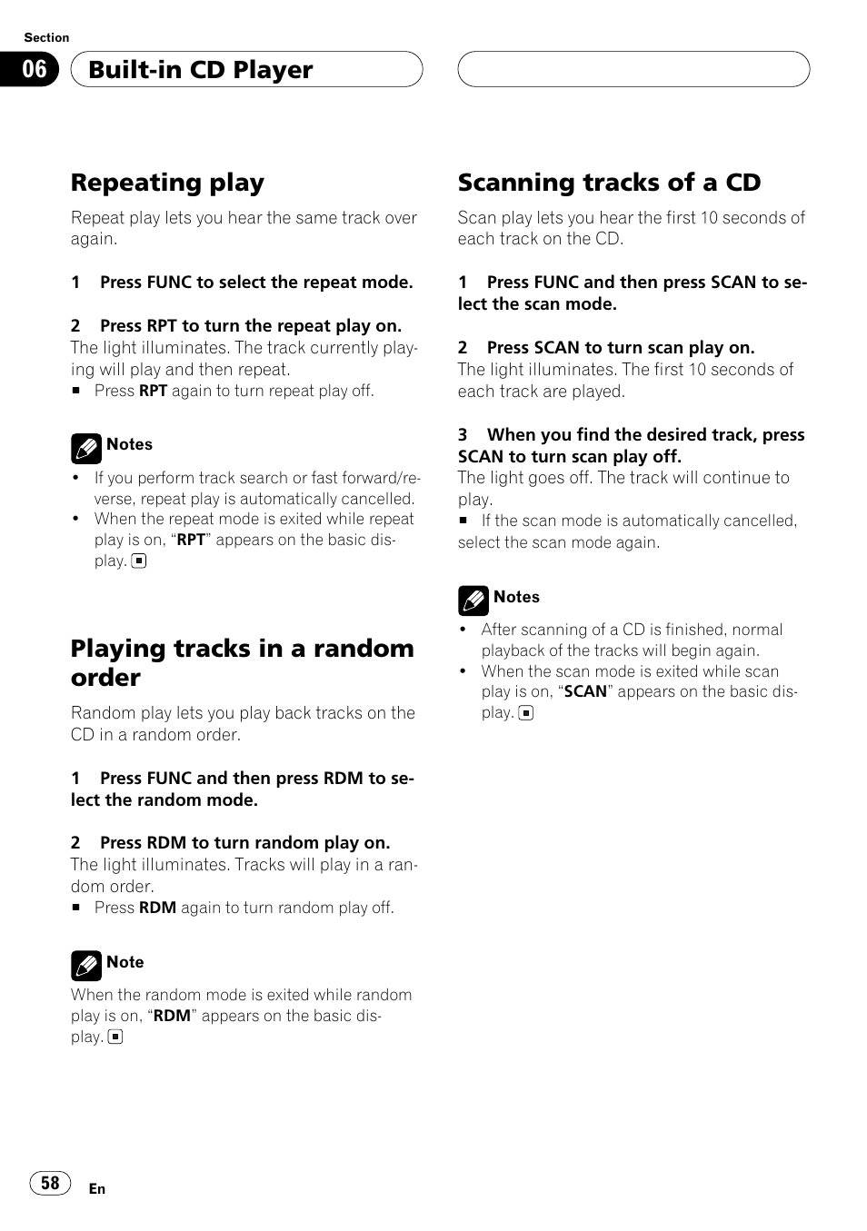 Repeating play, Playing tracks in a random order, Scanning tracks of a cd | Built-in cd player | Pioneer ANH-P10MP User Manual | Page 58 / 109