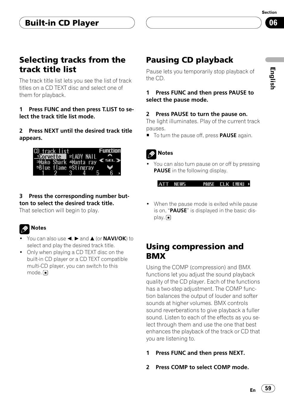 Selecting tracks from the track title list, Pausing cd playback, Using compression and bmx | Built-in cd player | Pioneer ANH-P10MP User Manual | Page 59 / 109