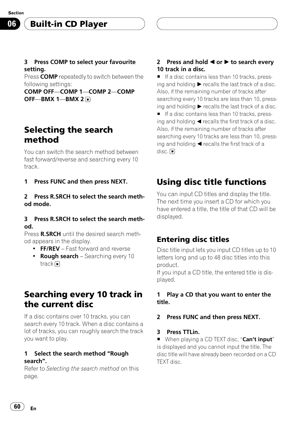 Selecting the search method, Searching every 10 track in the current disc, Using disc title functions | Entering disc titles, Built-in cd player | Pioneer ANH-P10MP User Manual | Page 60 / 109