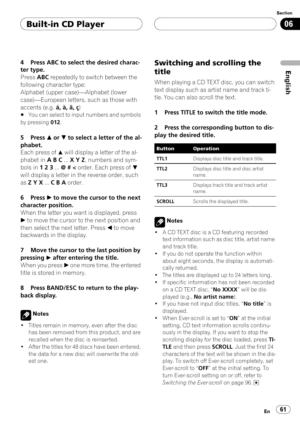Switching and scrolling the title, Built-in cd player | Pioneer ANH-P10MP User Manual | Page 61 / 109