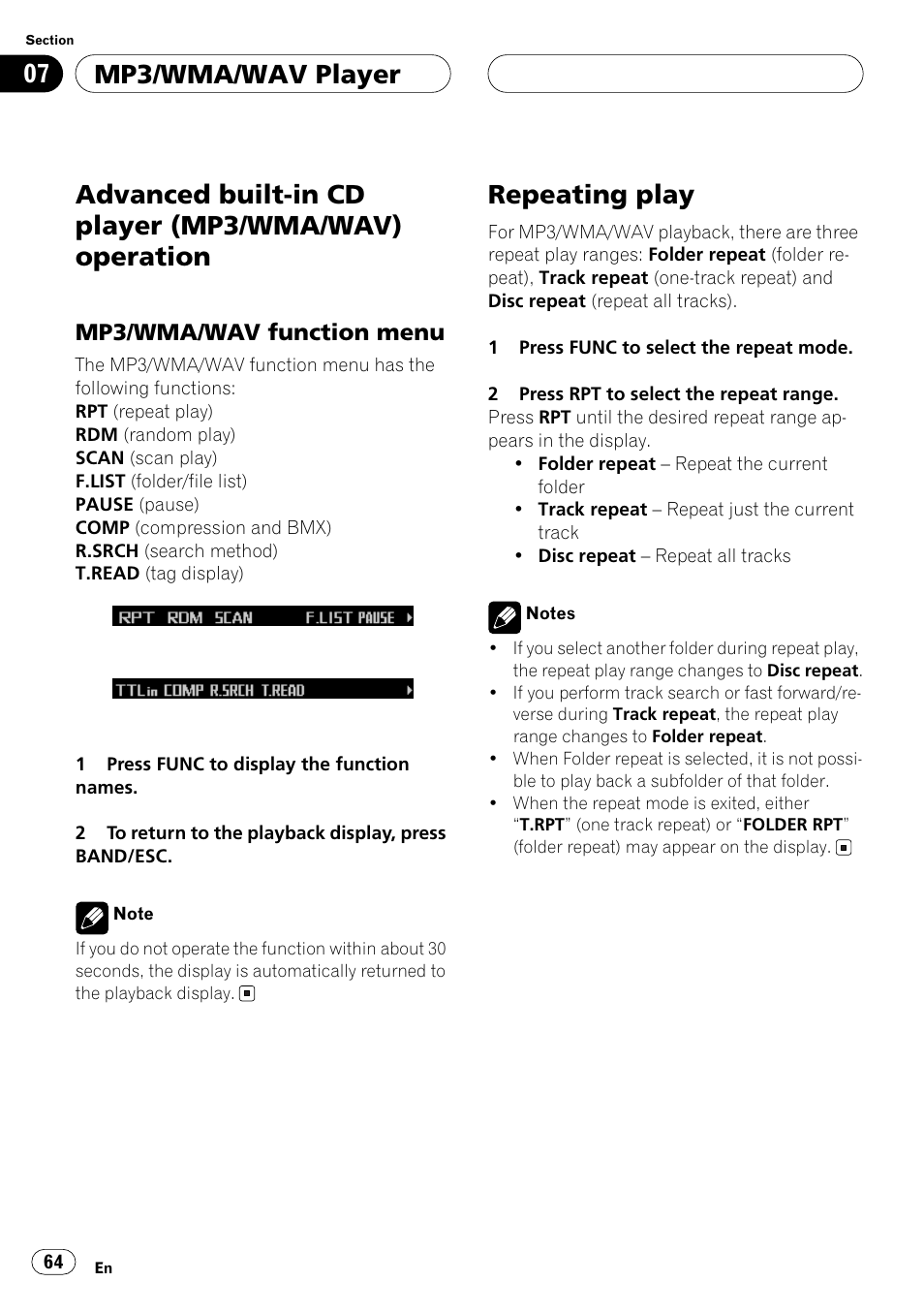 Advanced built-in cd player (mp3/wma, Wav) operation, Mp3/wma/wav function menu | Repeating play, Explained in, Advanced built-in cd player (mp3, Mp3/wma/wav player | Pioneer ANH-P10MP User Manual | Page 64 / 109