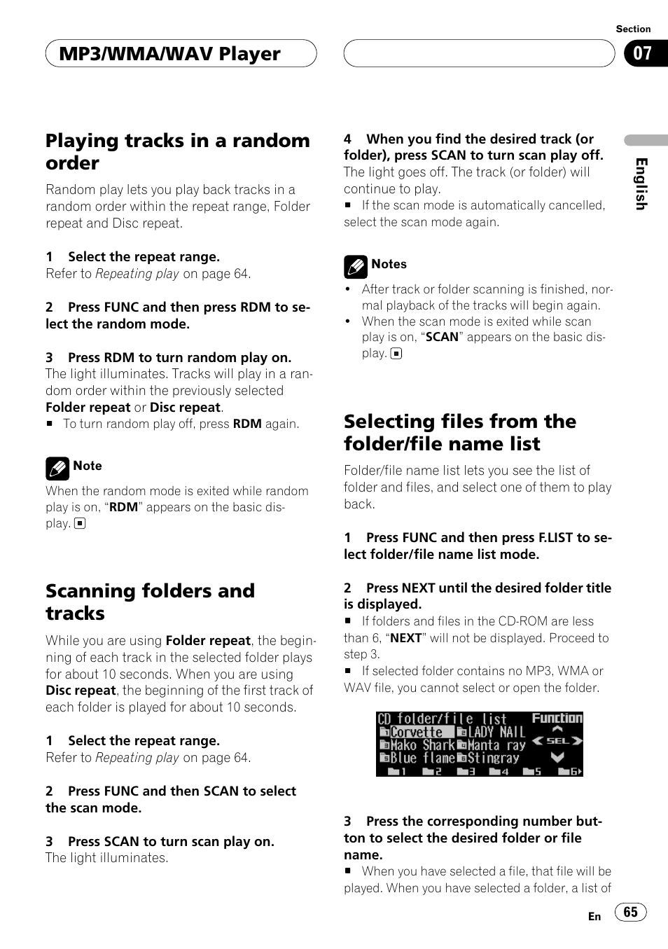 Playing tracks in a random order, Scanning folders and tracks, Selecting files from the folder/file name list | Mp3/wma/wav player | Pioneer ANH-P10MP User Manual | Page 65 / 109