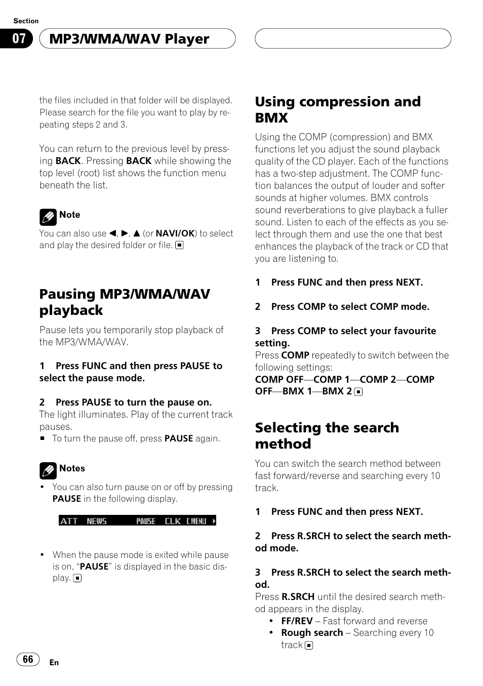 Pausing mp3/wma/wav playback, Using compression and bmx, Selecting the search method | Mp3/wma/wav player | Pioneer ANH-P10MP User Manual | Page 66 / 109