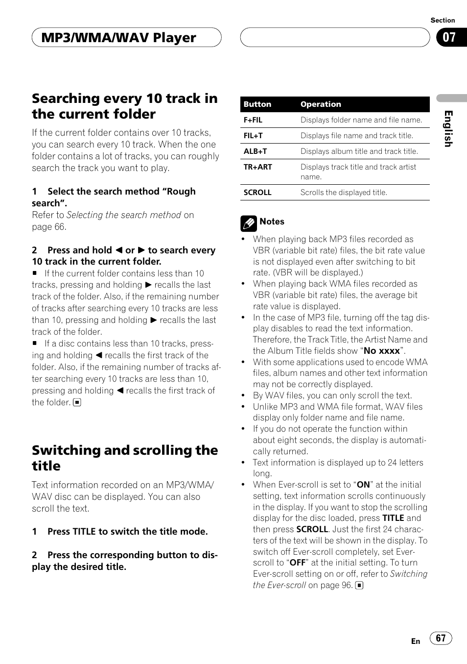 Searching every 10 track in the current folder, Switching and scrolling the title, Mp3/wma/wav player | Pioneer ANH-P10MP User Manual | Page 67 / 109