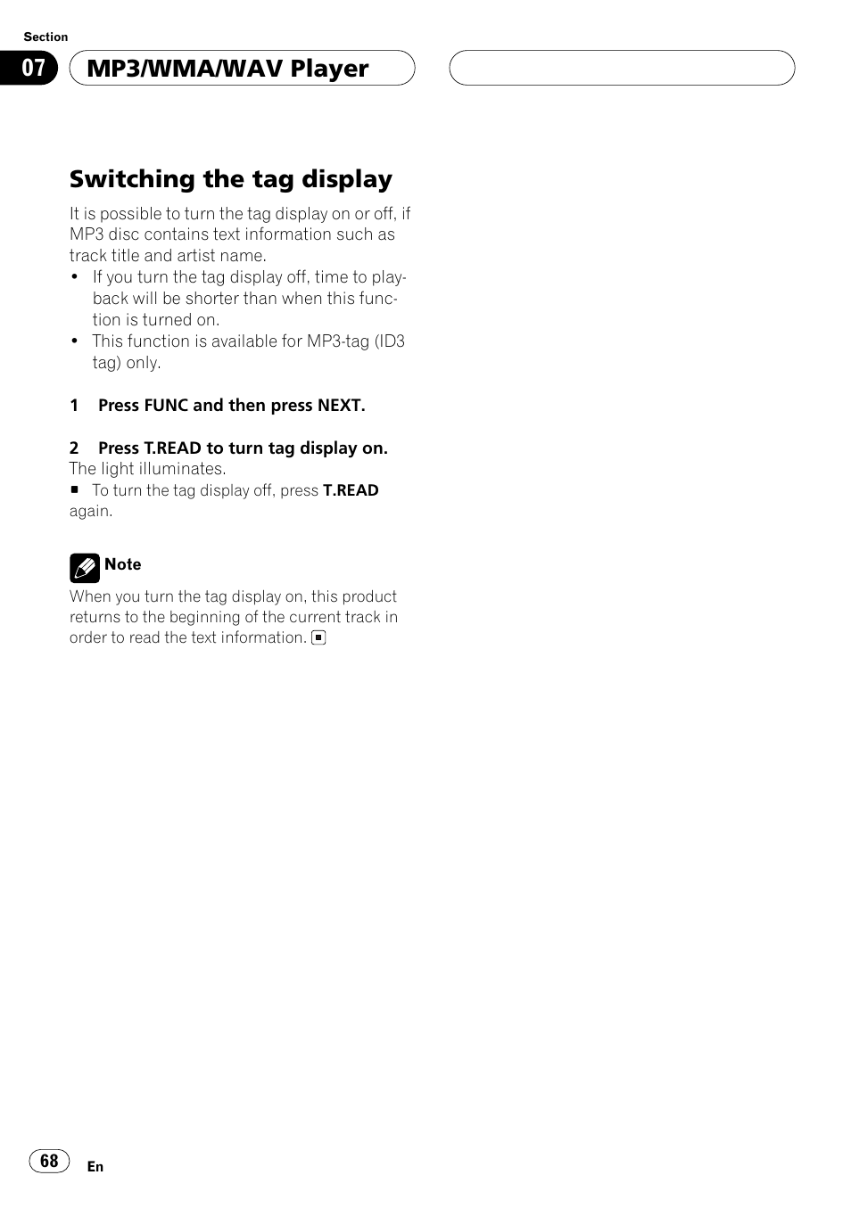 Switching the tag display, Switching the tag display on, Mp3/wma/wav player | Pioneer ANH-P10MP User Manual | Page 68 / 109