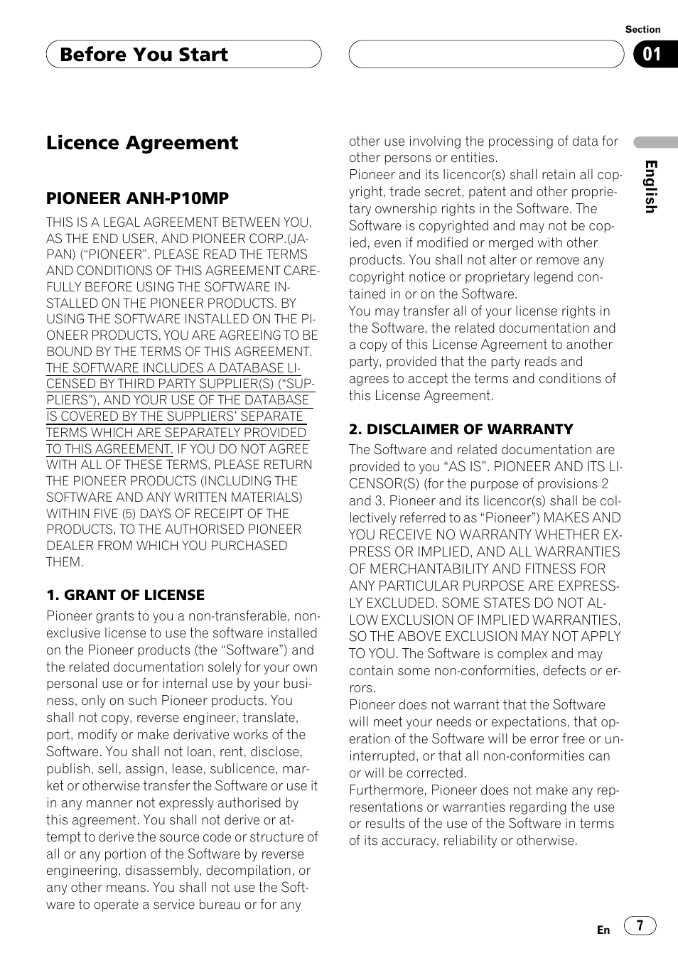 Before you start, Licence agreement, Pioneer anh-p10mp | Before you start licence agreement | Pioneer ANH-P10MP User Manual | Page 7 / 109