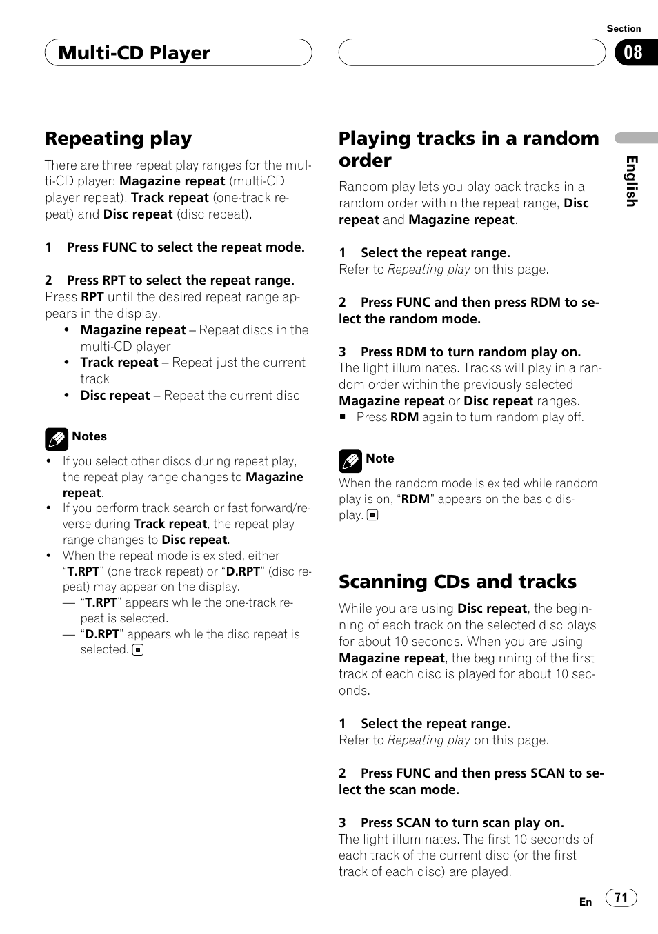 Repeating play, Playing tracks in a random order, Scanning cds and tracks | Multi-cd player | Pioneer ANH-P10MP User Manual | Page 71 / 109