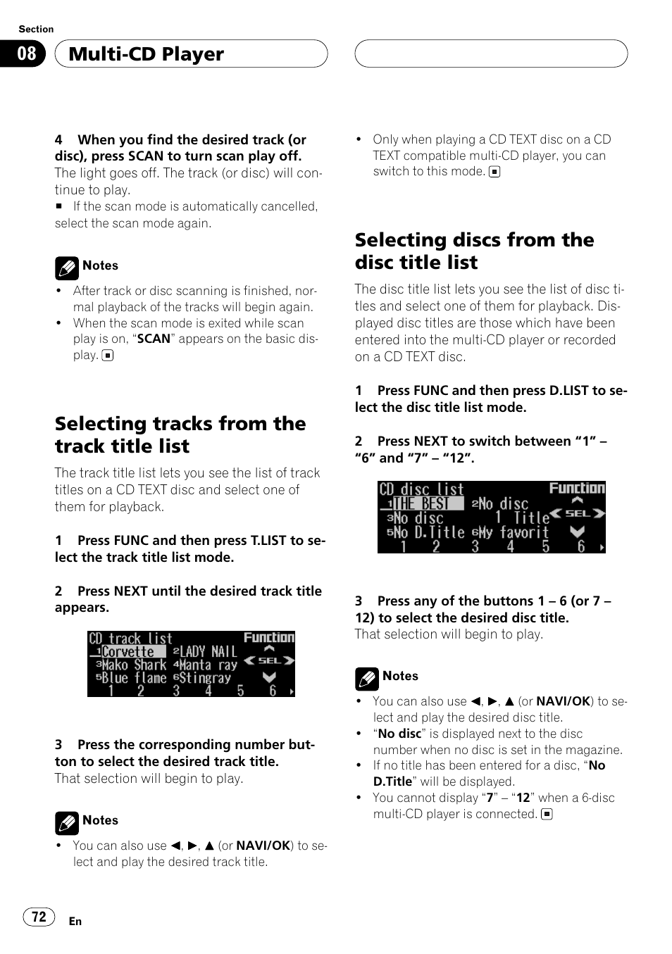 Selecting tracks from the track title list, Selecting discs from the disc title list, Multi-cd player | Pioneer ANH-P10MP User Manual | Page 72 / 109