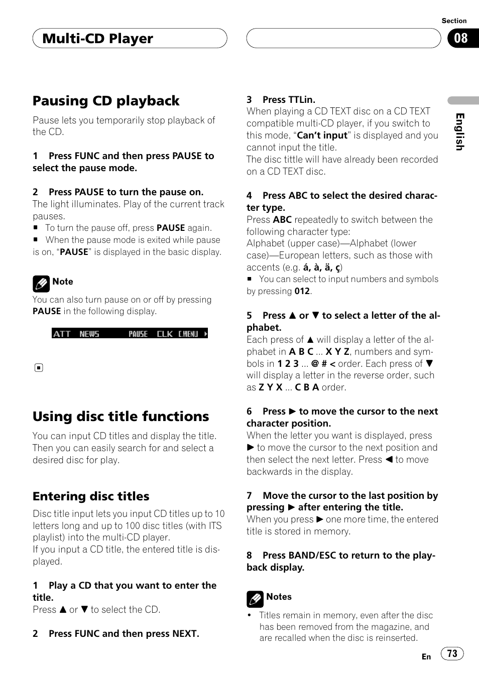Pausing cd playback, Using disc title functions, Entering disc titles | Multi-cd player | Pioneer ANH-P10MP User Manual | Page 73 / 109
