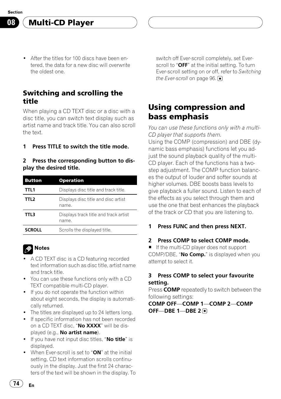 Switching and scrolling the title, Using compression and bass emphasis, Multi-cd player | Pioneer ANH-P10MP User Manual | Page 74 / 109