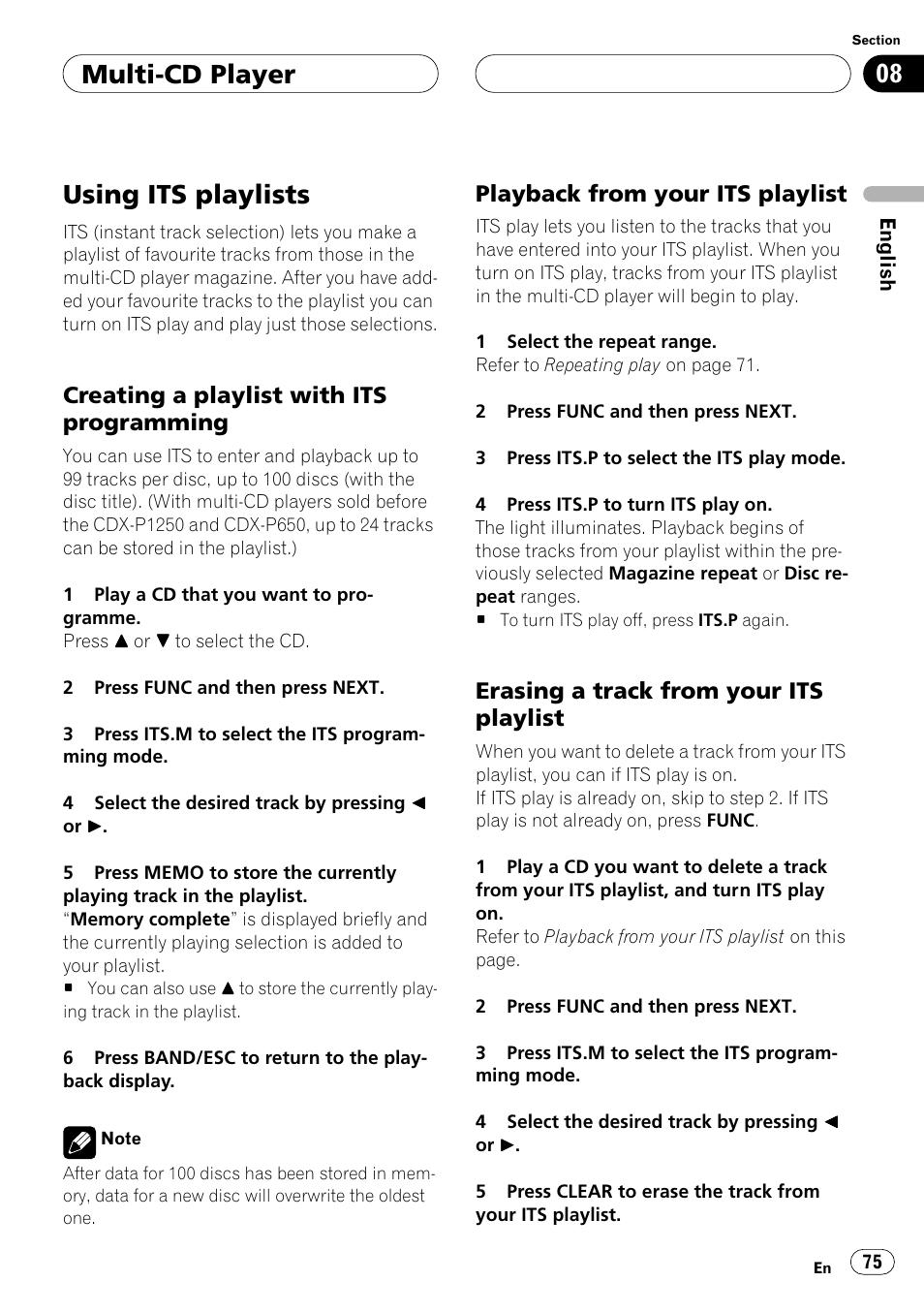 Using its playlists, Creating a playlist with its, Programming | Playback from your its playlist, Erasing a track from your its playlist, Multi-cd player, Creating a playlist with its programming | Pioneer ANH-P10MP User Manual | Page 75 / 109