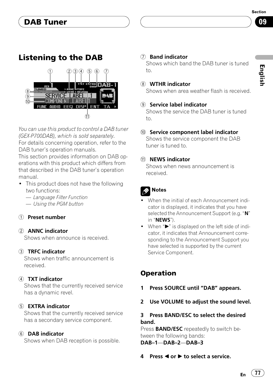 Dab tuner listening to the dab, Operation | Pioneer ANH-P10MP User Manual | Page 77 / 109