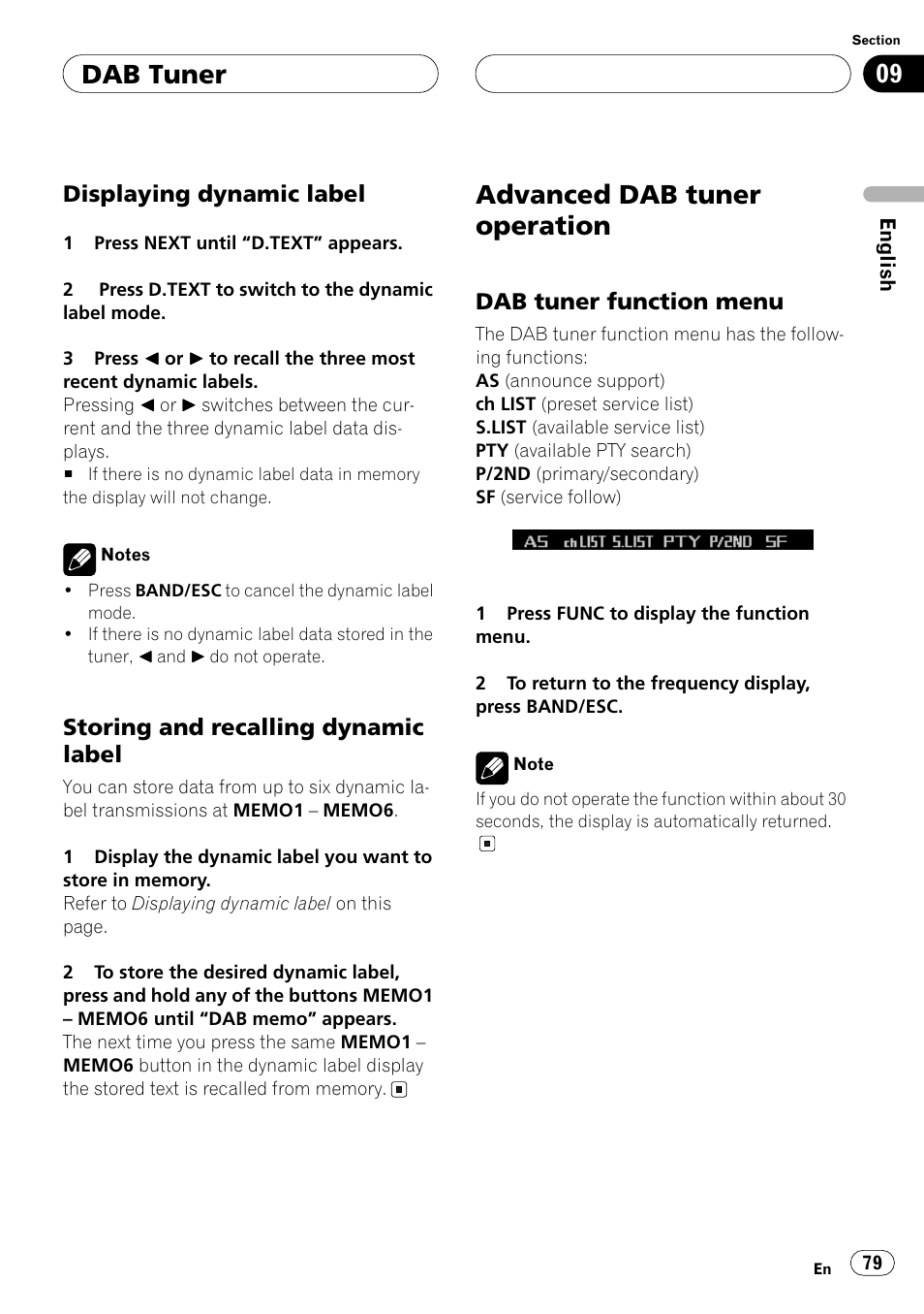 Displaying dynamic label, Storing and recalling dynamic label, Advanced dab tuner operation | Dab tuner function menu, Dab tuner | Pioneer ANH-P10MP User Manual | Page 79 / 109