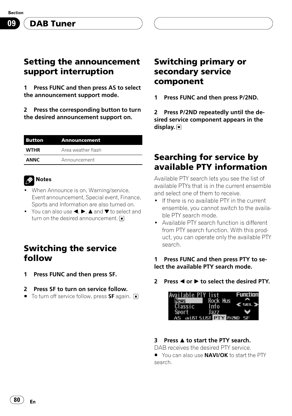 Setting the announcement support, Interruption, Switching the service follow | Switching primary or secondary service, Component, Searching for service by available pty, Information, Dab tuner, Setting the announcement support interruption, Switching primary or secondary service component | Pioneer ANH-P10MP User Manual | Page 80 / 109