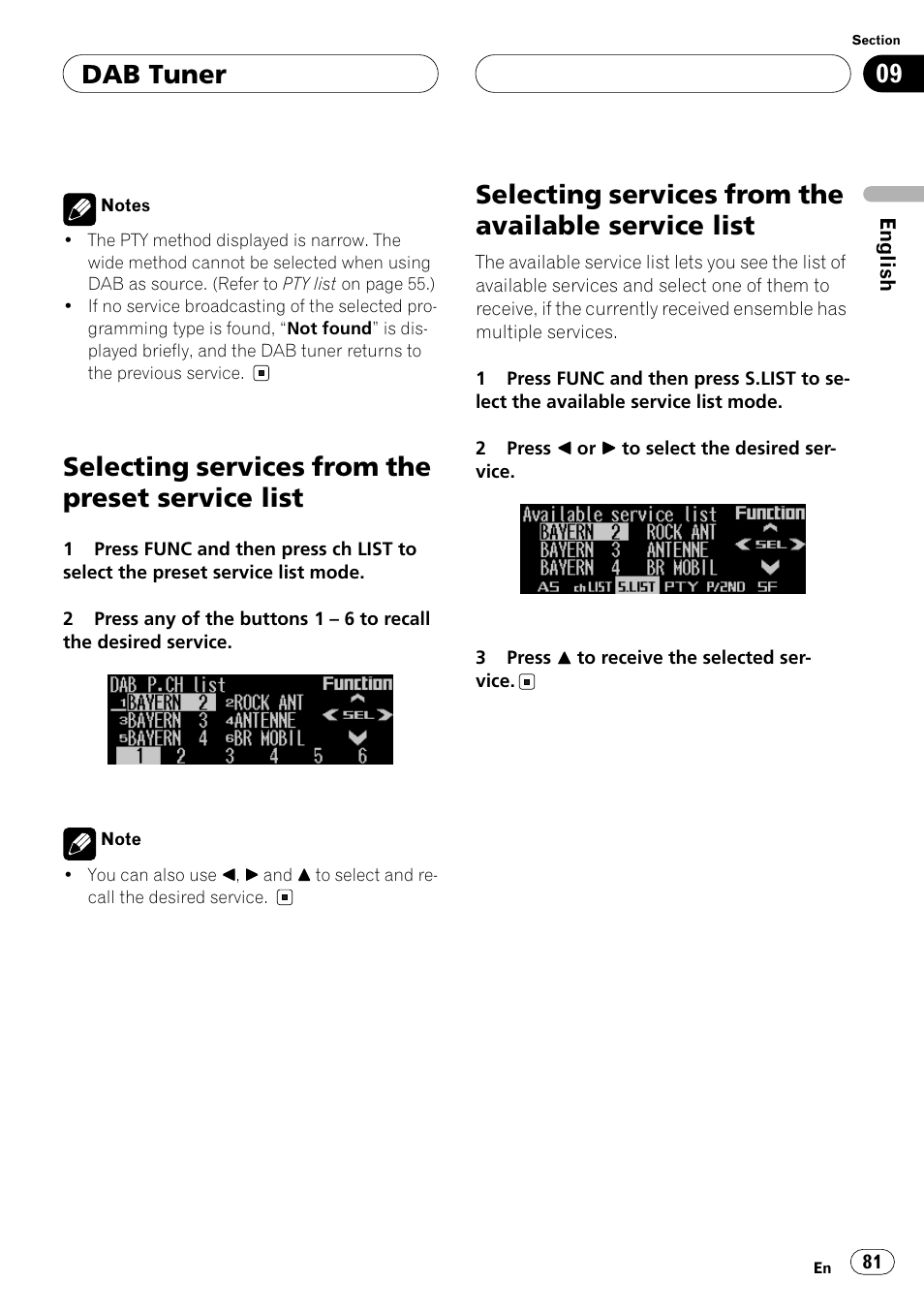 Selecting services from the preset service list, Selecting services from the available service, List | Dab tuner, Selecting services from the available service list | Pioneer ANH-P10MP User Manual | Page 81 / 109