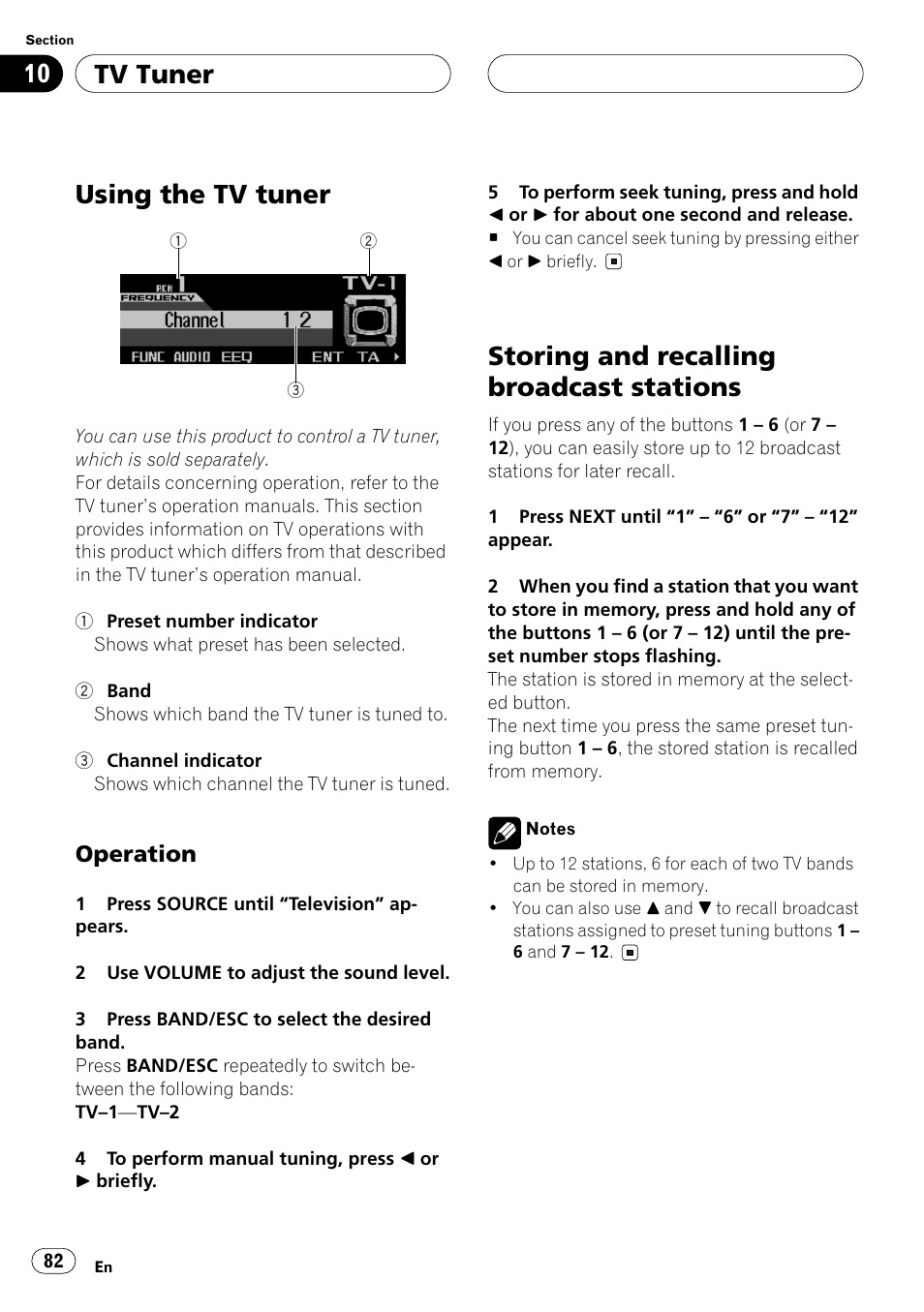 Tv tuner using the tv tuner, Operation, Storing and recalling broadcast stations | Pioneer ANH-P10MP User Manual | Page 82 / 109