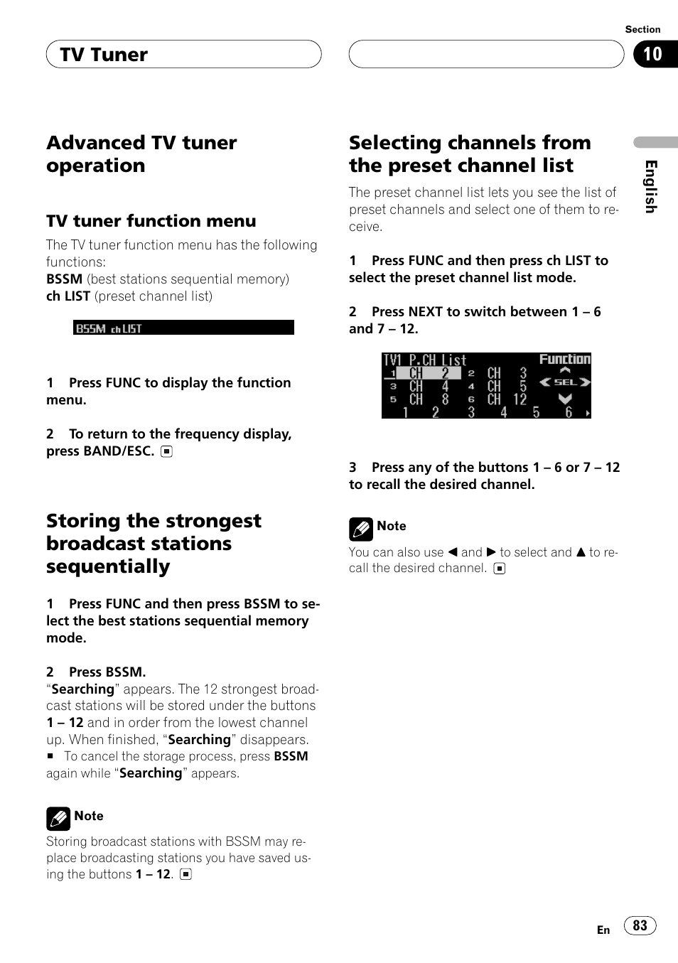 Advanced tv tuner operation, Tv tuner function menu, Storing the strongest broadcast stations | Sequentially, Selecting channels from the preset channel, List, Tv tuner, Selecting channels from the preset channel list | Pioneer ANH-P10MP User Manual | Page 83 / 109