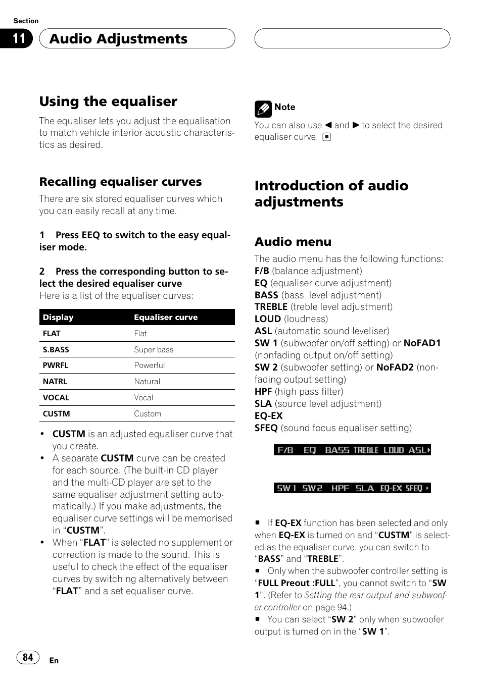 Audio adjustments using the equaliser, Recalling equaliser curves, Introduction of audio adjustments | Audio menu | Pioneer ANH-P10MP User Manual | Page 84 / 109