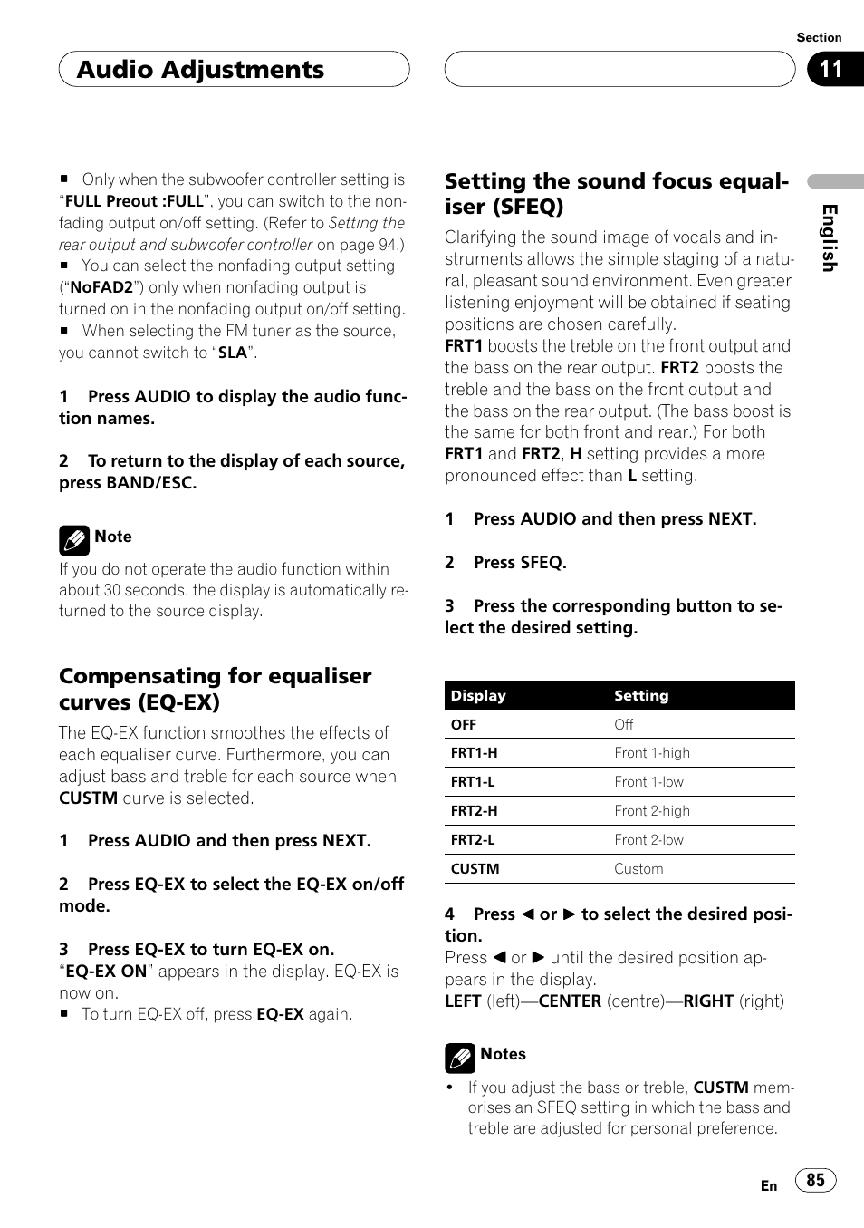 Compensating for equaliser curves, Eq-ex), Setting the sound focus equaliser | Sfeq), Audio adjustments, Compensating for equaliser curves (eq-ex), Setting the sound focus equal- iser (sfeq) | Pioneer ANH-P10MP User Manual | Page 85 / 109