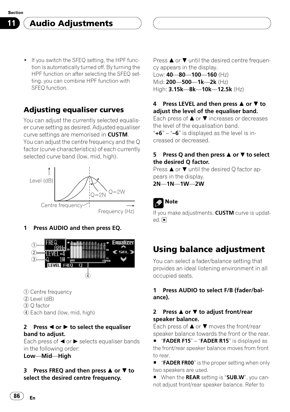 Adjusting equaliser curves, Using balance adjustment, Audio adjustments | Pioneer ANH-P10MP User Manual | Page 86 / 109