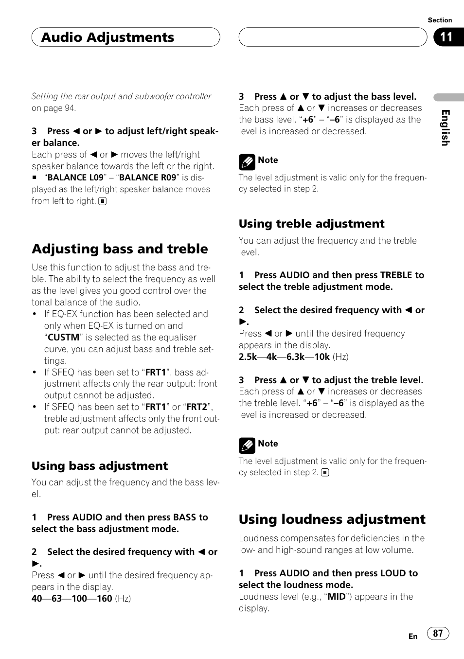 Adjusting bass and treble, Using bass adjustment, Using treble adjustment | Using loudness adjustment, Audio adjustments | Pioneer ANH-P10MP User Manual | Page 87 / 109