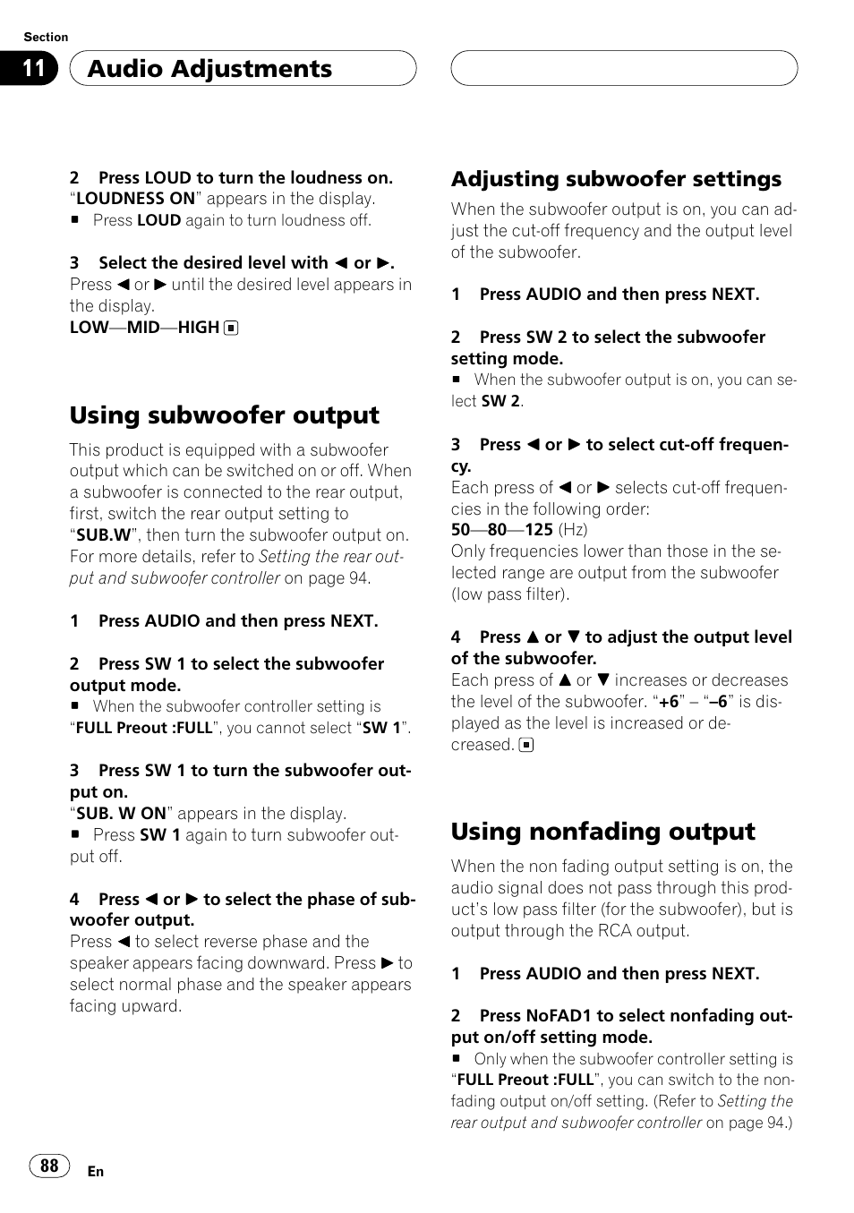 Using subwoofer output, Adjusting subwoofer settings, Using nonfading output | Audio adjustments | Pioneer ANH-P10MP User Manual | Page 88 / 109