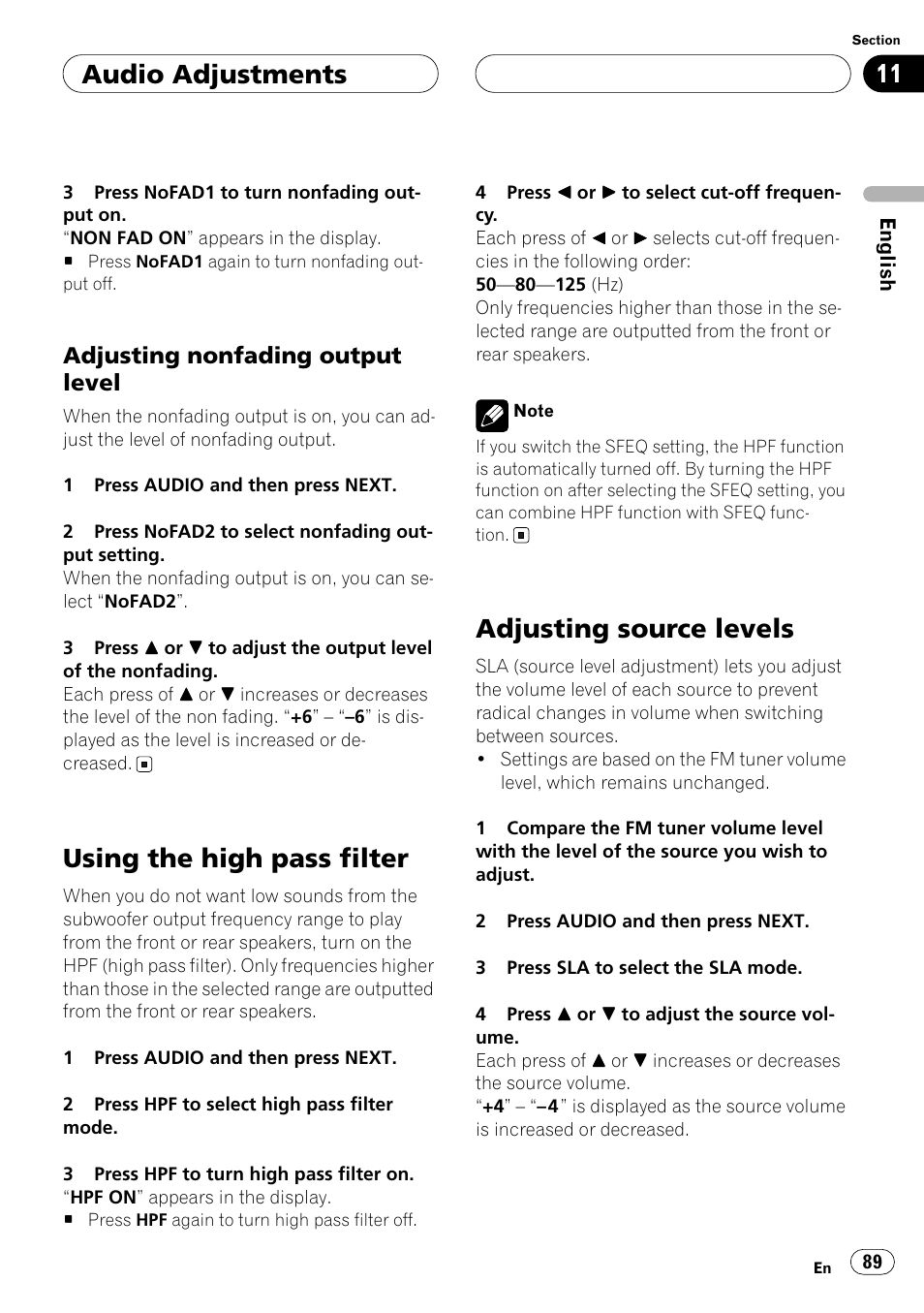 Adjusting nonfading output level, Using the high pass filter, Adjusting source levels | Audio adjustments | Pioneer ANH-P10MP User Manual | Page 89 / 109