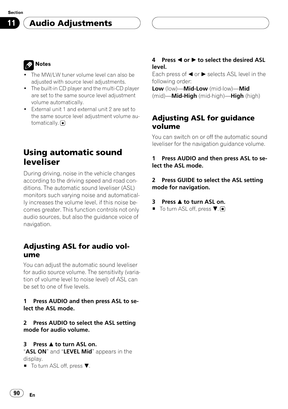 Using automatic sound leveliser, Adjusting asl for audio volume, Adjusting asl for guidance volume | Audio adjustments, Adjusting asl for audio vol- ume | Pioneer ANH-P10MP User Manual | Page 90 / 109