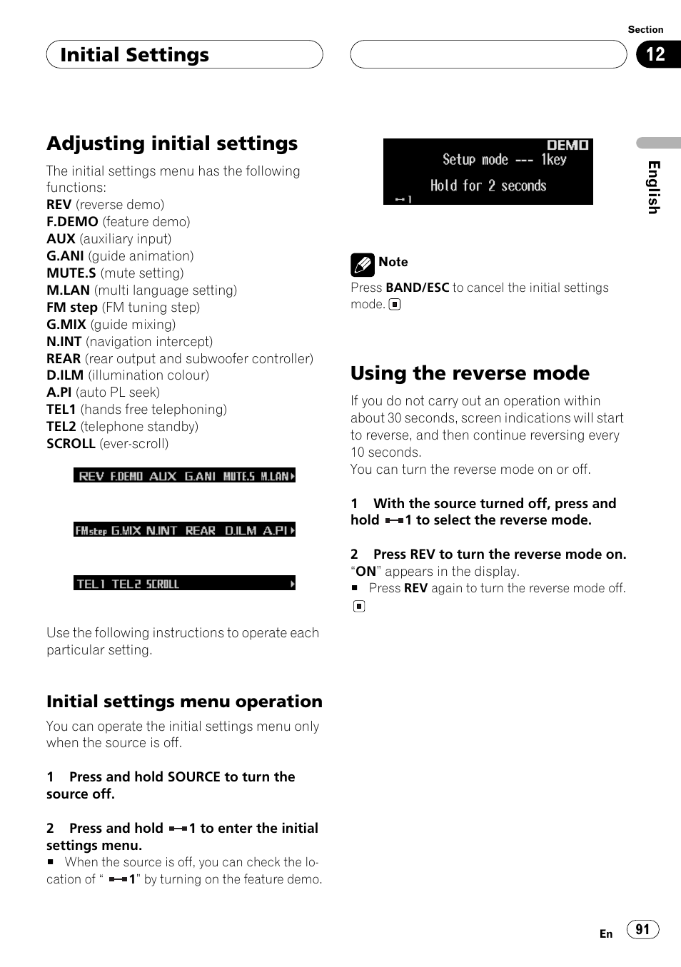 Initial settings adjusting initial settings, Initial settings menu operation, Using the reverse mode | Pioneer ANH-P10MP User Manual | Page 91 / 109