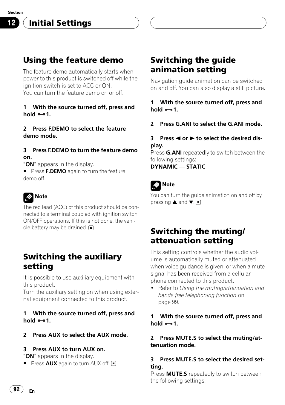 Using the feature demo, Switching the auxiliary setting, Switching the guide animation setting | Switching the muting/attenuation setting, Switching the auxiliary setting on, Initial settings, Switching the muting/ attenuation setting | Pioneer ANH-P10MP User Manual | Page 92 / 109