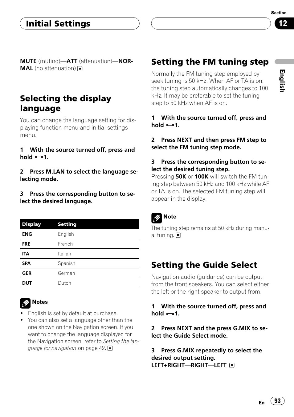 Selecting the display language, Setting the fm tuning step, Setting the guide select | Selecting the display language on, Initial settings | Pioneer ANH-P10MP User Manual | Page 93 / 109