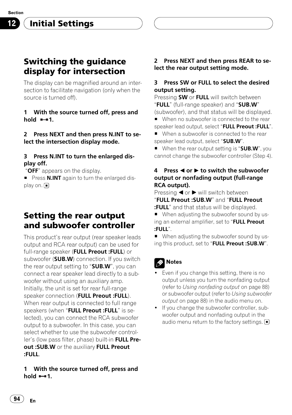 Switching the guidance display for, Intersection, Setting the rear output and subwoofer | Controller, For more details, refer to, Setting the rear out, Fading output on/off setting. (refer to, Setting the, Initial settings, Setting the rear output and subwoofer controller | Pioneer ANH-P10MP User Manual | Page 94 / 109