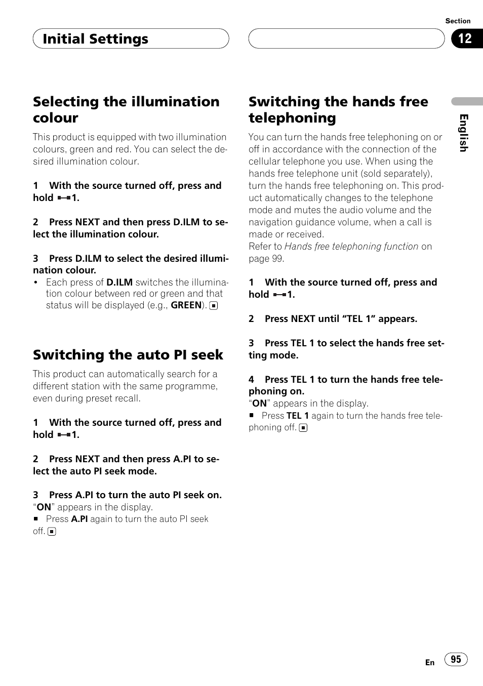 Selecting the illumination colour, Switching the auto pi seek, Switching the hands free telephoning | Initial settings | Pioneer ANH-P10MP User Manual | Page 95 / 109