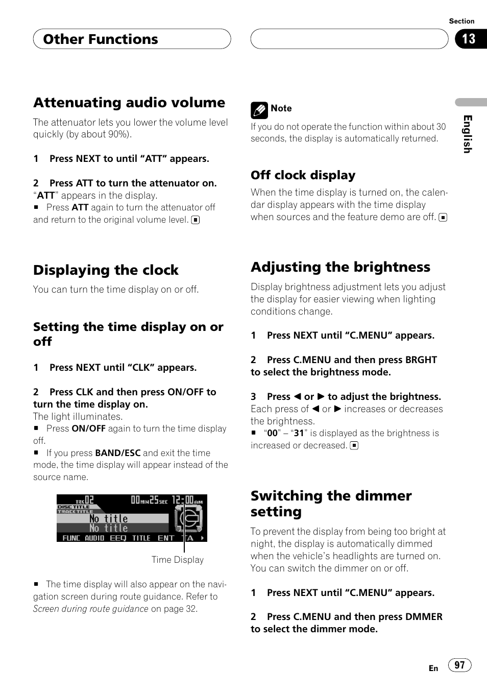 Other functions attenuating audio volume, Displaying the clock, Setting the time display on or off | Off clock display, Adjusting the brightness, Switching the dimmer setting, Refer to, Setting the time display on or off on | Pioneer ANH-P10MP User Manual | Page 97 / 109