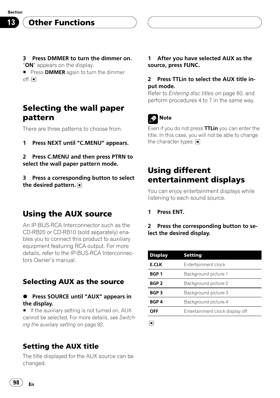 Selecting the wall paper pattern, Using the aux source, Selecting aux as the source | Setting the aux title, Using different entertainment displays, Other functions | Pioneer ANH-P10MP User Manual | Page 98 / 109