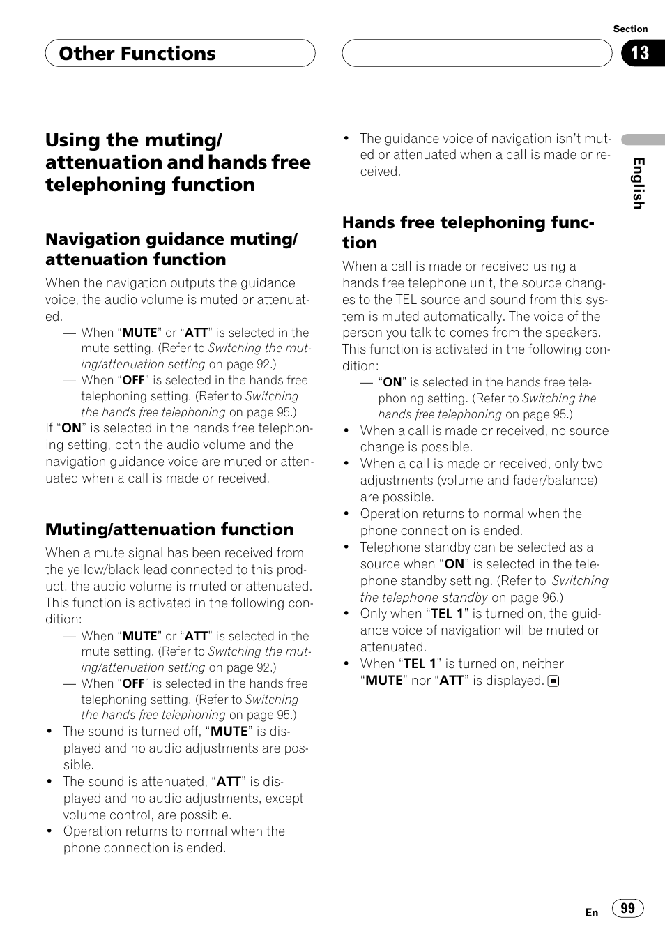 Using the muting/attenuation and hands free, Telephoning function, Navigation guidance muting | Attenuation function, Muting/attenuation function, Hands free telephoning function, Other functions, Navigation guidance muting/ attenuation function, Hands free telephoning func- tion | Pioneer ANH-P10MP User Manual | Page 99 / 109
