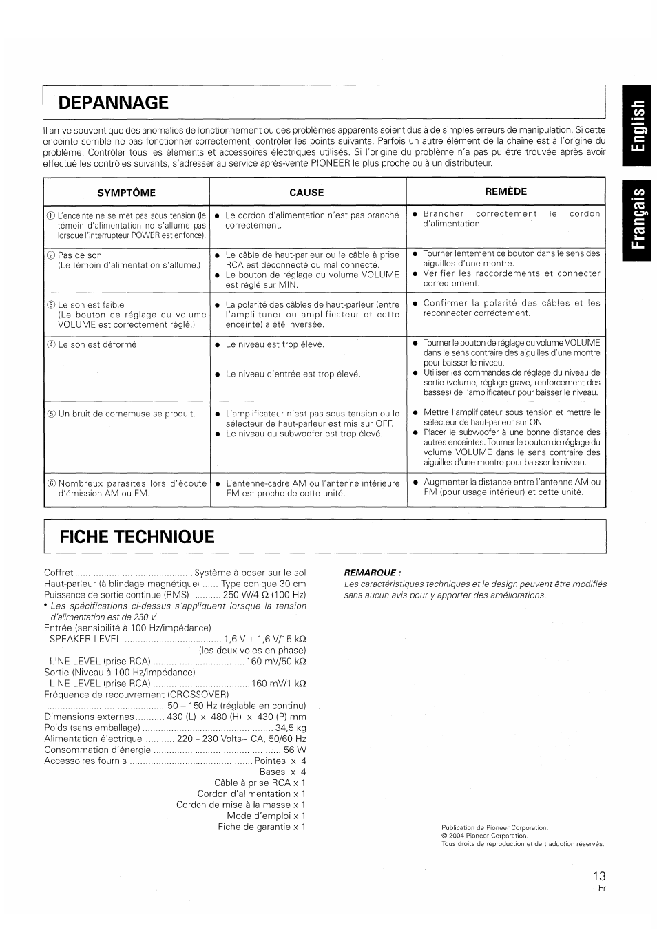 Symptome, Cause, Remede | Fiche technique | Pioneer S-W250S-W User Manual | Page 13 / 52