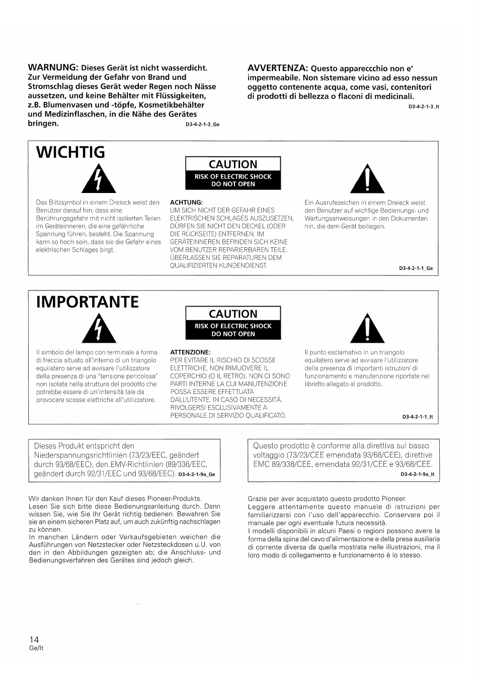 Wichtig, Importante, Caution | Pioneer S-W250S-W User Manual | Page 14 / 52