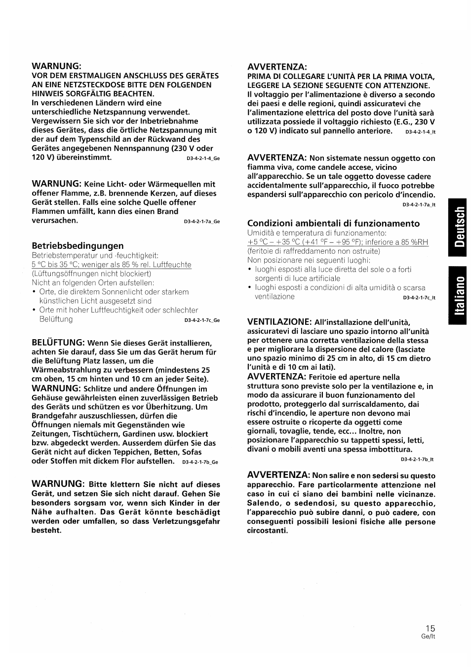 Warnung, Betriebsbedingungen, Avvertenza | Condizioni ambientali di funzionamento, Belüftung, Ventilazione | Pioneer S-W250S-W User Manual | Page 15 / 52